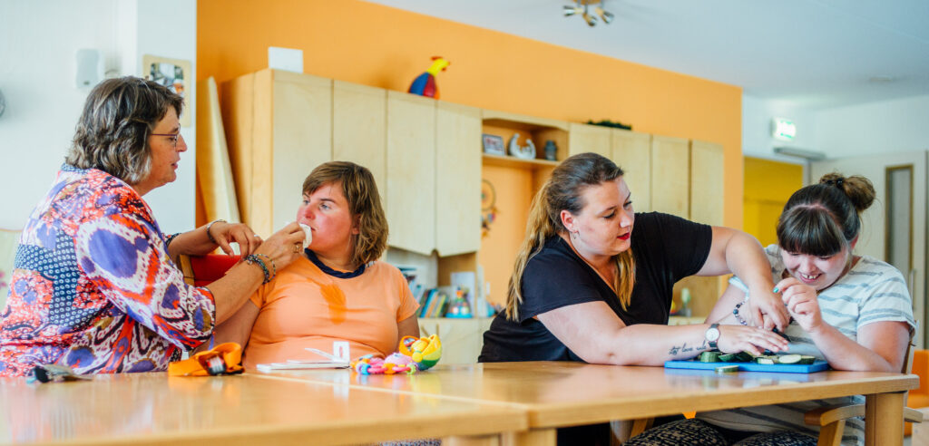 Medewerker ondersteunt twee cliënten aan tafel in een zorgomgeving. Op de achtergrond staan kasten en boeken. Coverbeeld van het visiedocument langdurige zorg met de titel 'Visie-op-samen-werken-aan-langdurige-zorg-2027-2029.pdf'