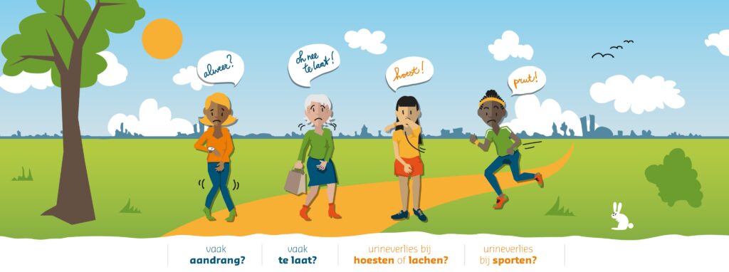 Tekening met poppetjes die nodig naar het toilet moeten.