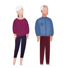 Tekening van een man en een vrouw met draaiing in het hoofd.