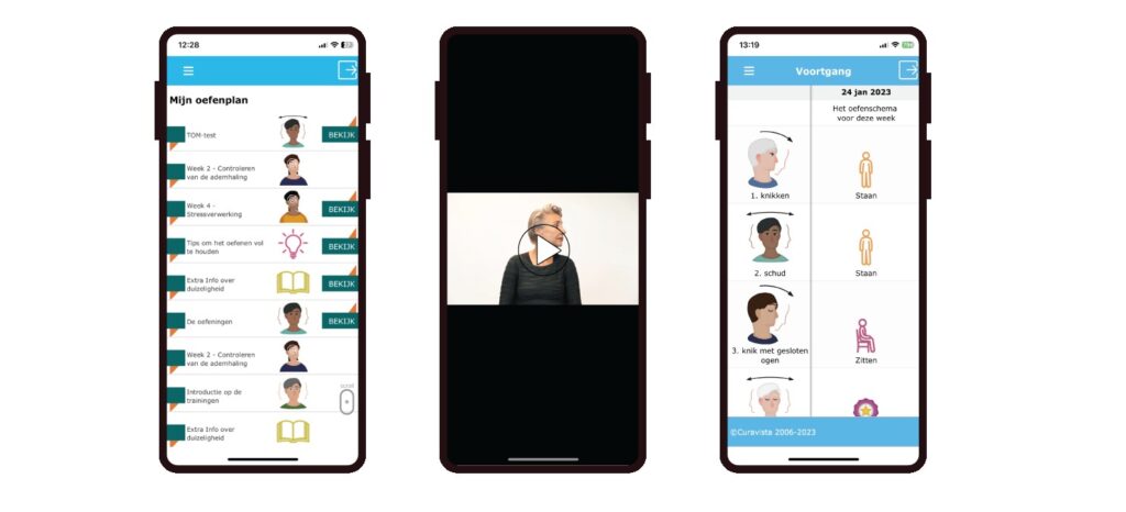Telefoonschermen met diverse screenshots uit de Vertigo Training app.